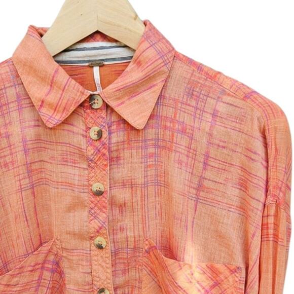 Free People Shore Vibes Button Down Long Sleeve Cotton Orange Women's Small - Picture 2 of 7